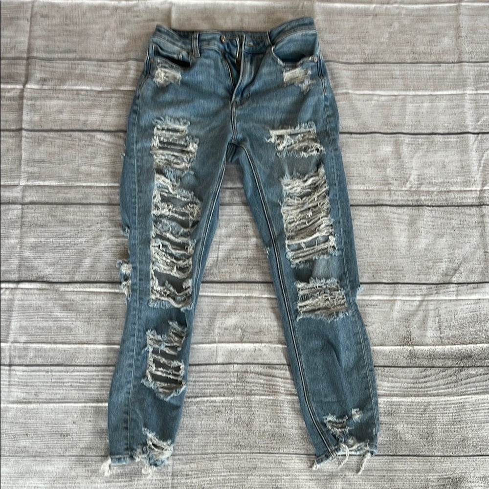 American Eagle Blue Skinny Jeans with Distressed Design